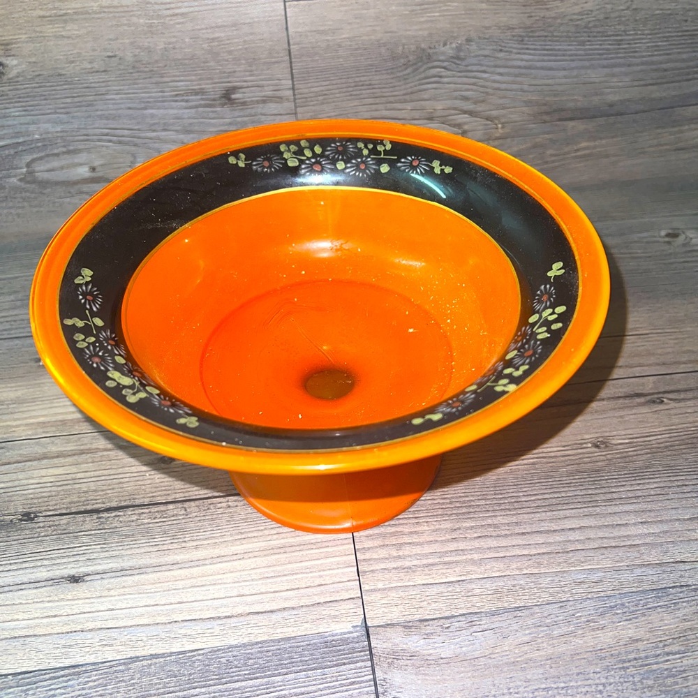 Lancaster Marguerite Orange Black Painted Flower Rim Footed Pedestal Glass Bowl